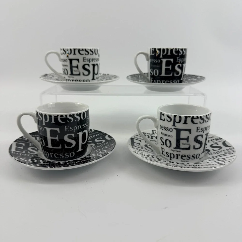 Konitz Espresso Typography Demitasse Cup & Saucer Set of 4 Black White